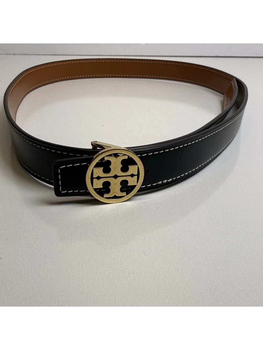 Tory Burch 1” Miller Reversible Belt Women’s Medium | Black & Tan with Gold
